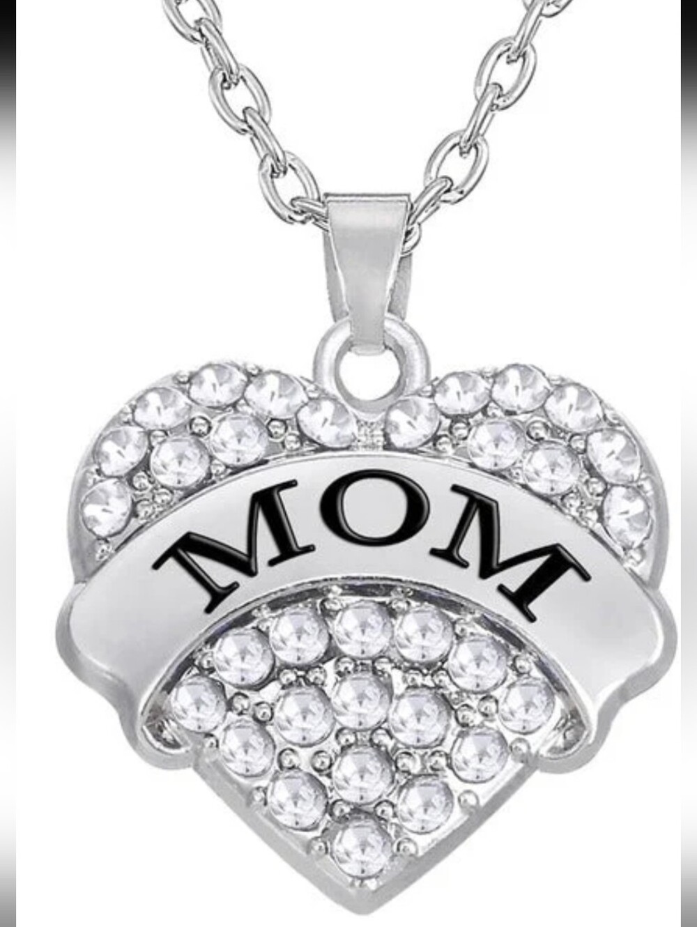 Silver 'MOM' Heart Pendant Necklace with Clear Crystals